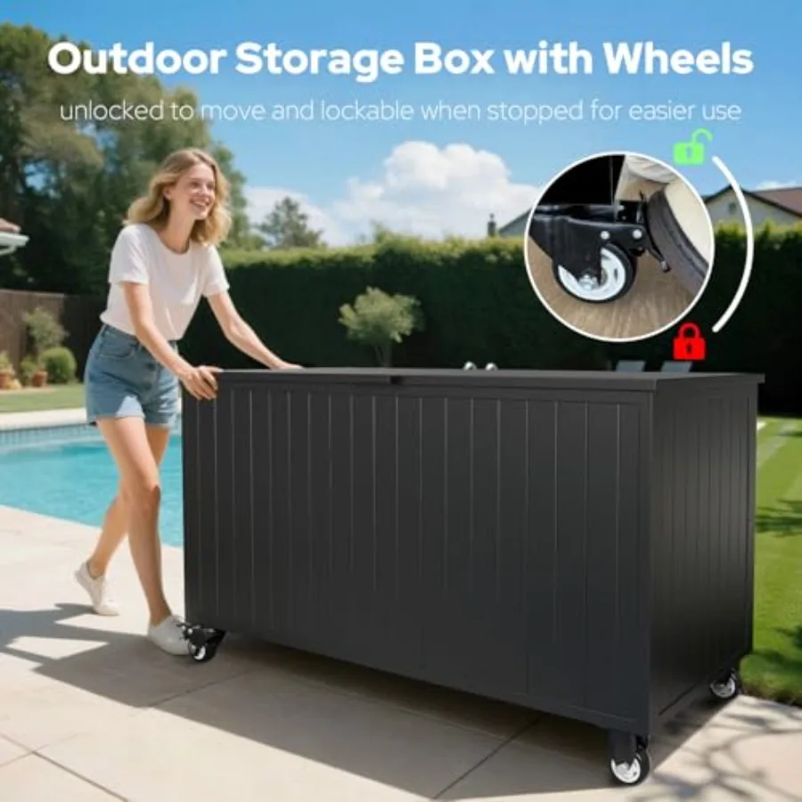 Outdoor Storage Box with Wheels 150 Gallon, Mobile Aluminum Deck Boxes Waterproof, UV Resistant Patio Storage Box with Lid