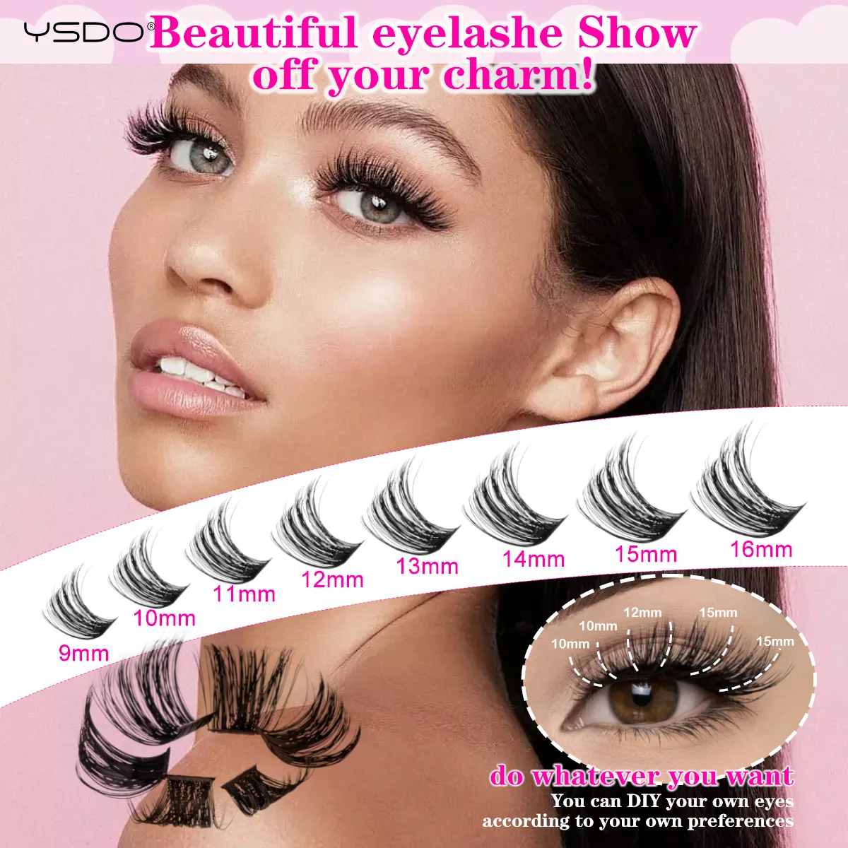 YSDO DIY Wimpernverlängerungsset 14/32P Einzelwimpern-Set Cluster D Curl 9-16mm Mix 30D-120D Wimperncluster mit Bindung und Dichtung – Detail 14