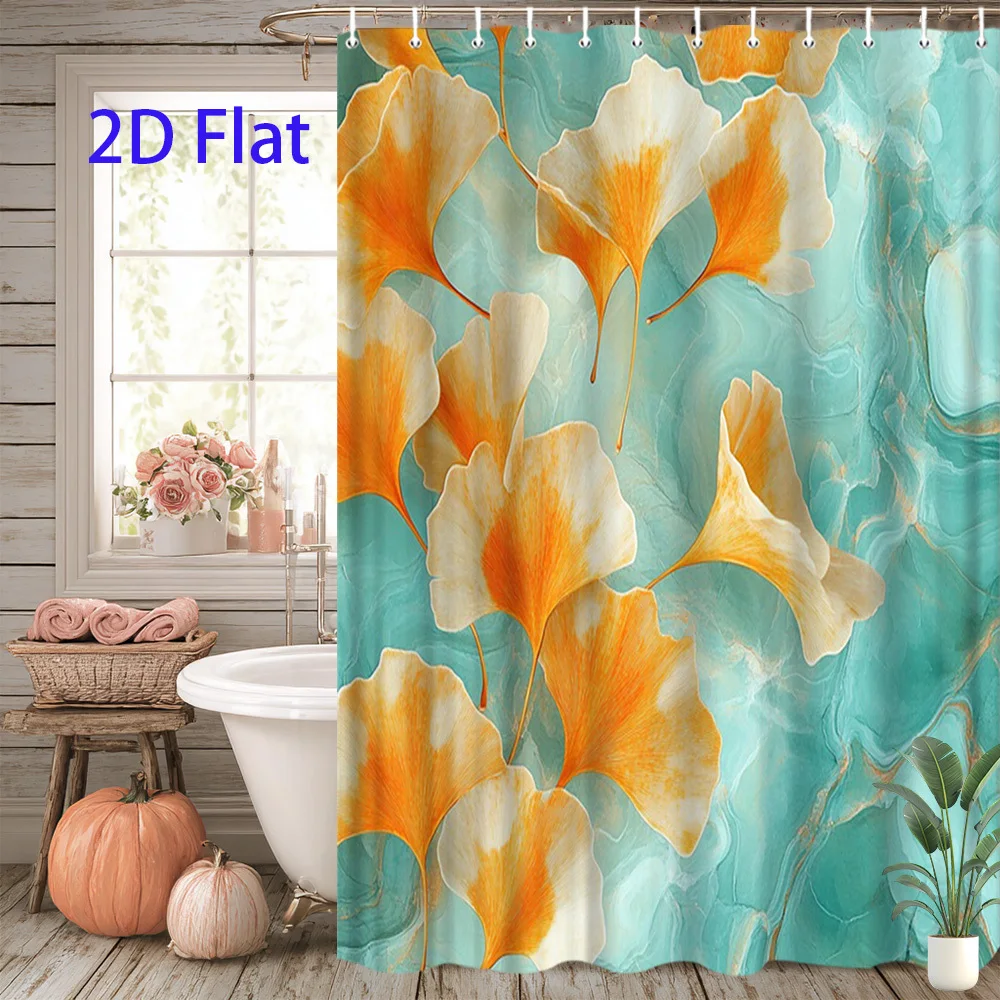 Waterproof Abstract Floral Shower Curtain Teal Orange Tropical Leaf Print Modern Bathroom Curtain Liner Home Decor