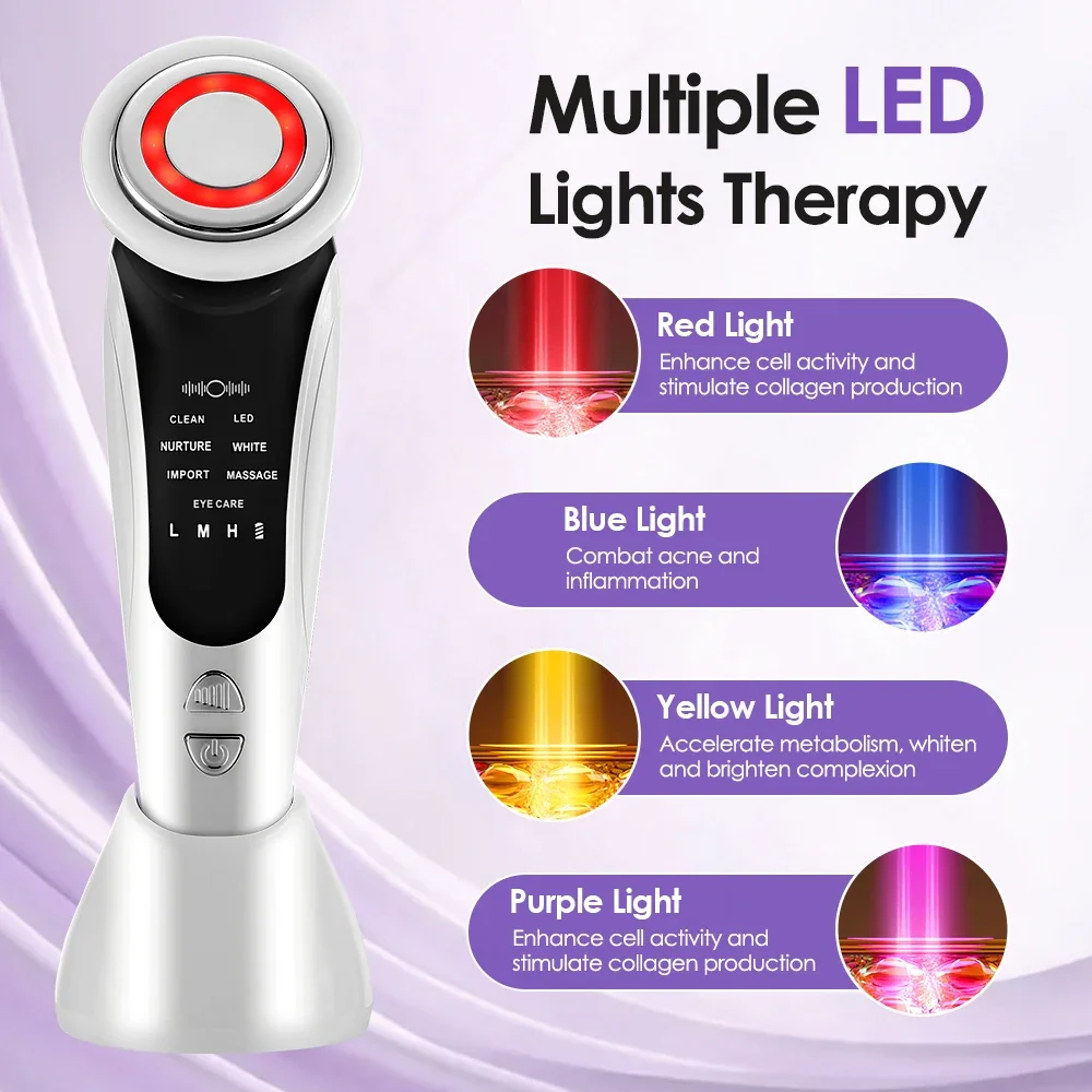 7 in 1 EMS Facial Massager Face Beauty Instrument with Induced Vibration and Hot Compress Face Skin Care Tool LED Light Therapy