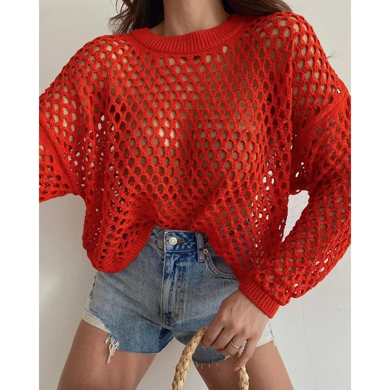 Women's Casual Flared Sleeve Loose Round Neck Hollow Out Knitted Sweater Temperament Commuting Autumn New Fashion Women Pullover