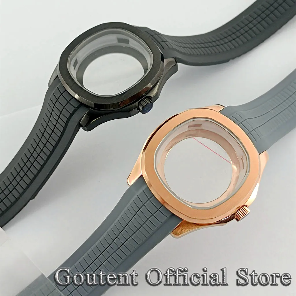 Goutent 40mm Silver Black Rose Gold Watch Case With Rubber Strap Sapphire Crystal Case Fit NH35 NH36 ETA2824 PT5000 Movement