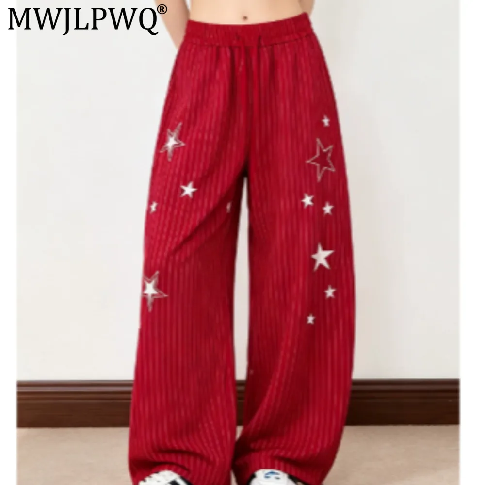 MWJLPWQ Vibe Trendy Vertical Striped Wide-Leg Curved Pants For Men Elastic Waist Design Star Embroidery Loose Trousers 20771