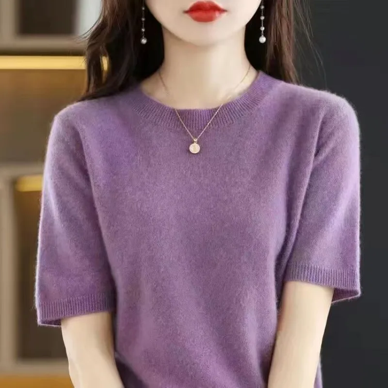 Women\'s Spring and Autumn New Fashion Elegant Solid Color Round Neck Casual Versatile Short Sleeve Loose Sweater Knitted Tops