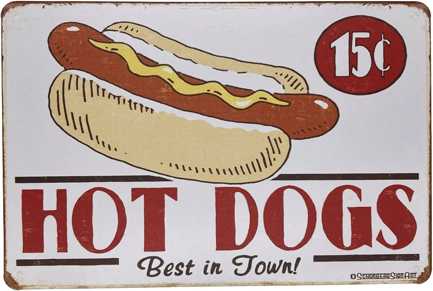 Tin Metal Wall Sign | Hot Dogs for 15 cents 8 x 12 in | Decoration Poster for Home Restaurant Bar Room Garage Decor | Vintage