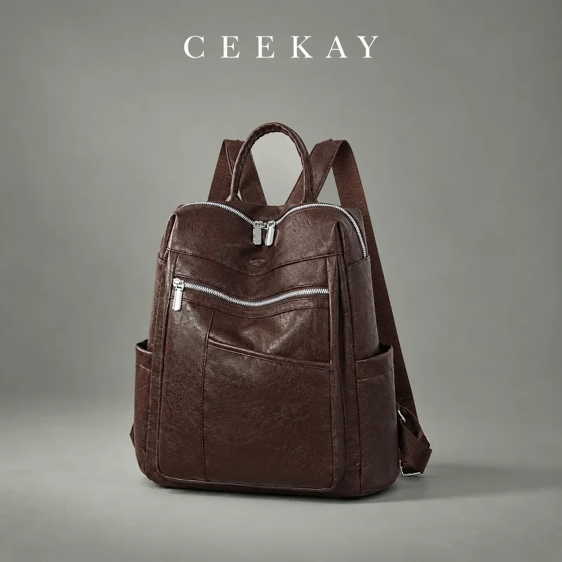 CEEKAY Leather Backpack Top Handle Zipper Pocket Adjustable Strap Versatile Everyday Commute Casual Large Capacity Women
