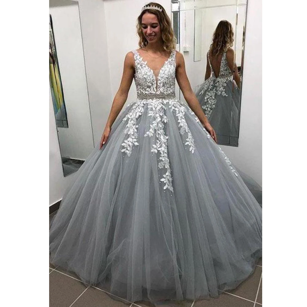 BEPEITHY Customized Gray A Line Evening Dress Crystal belt Vestido De Fiesta Backless Prom Dress 2023 Formal Occasion Dresses