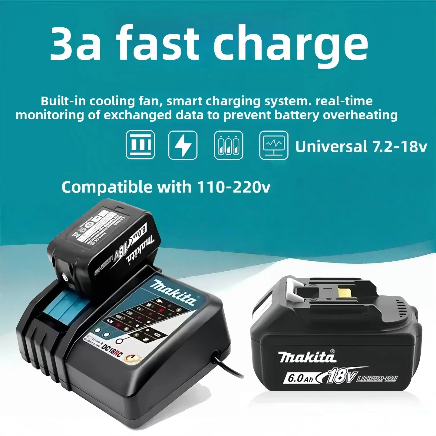 

Fits Makita 18V 6A Lithium Battery Charger Compatible with BL1830 BL1815 BL1860 BL1850 BL1840 Fast Charging for Power Tools