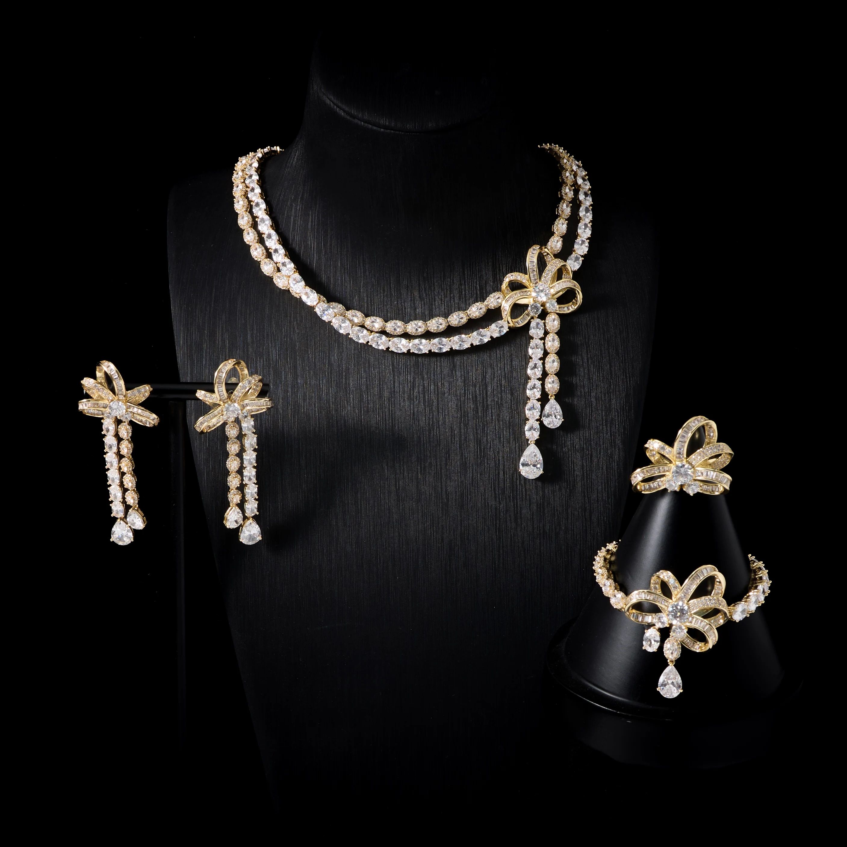 IN JEWELIFE Luxury Two Rows Overlapping Cubic Zirconia Jewelry Set for Women Wedding Sets Bowknot Bridal Accessories 241105