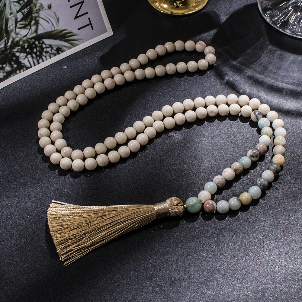 8mm White Fossil Amazonite 108 Mala Beads Necklace Meditation Yoga Japamala Jewelry with Tassel