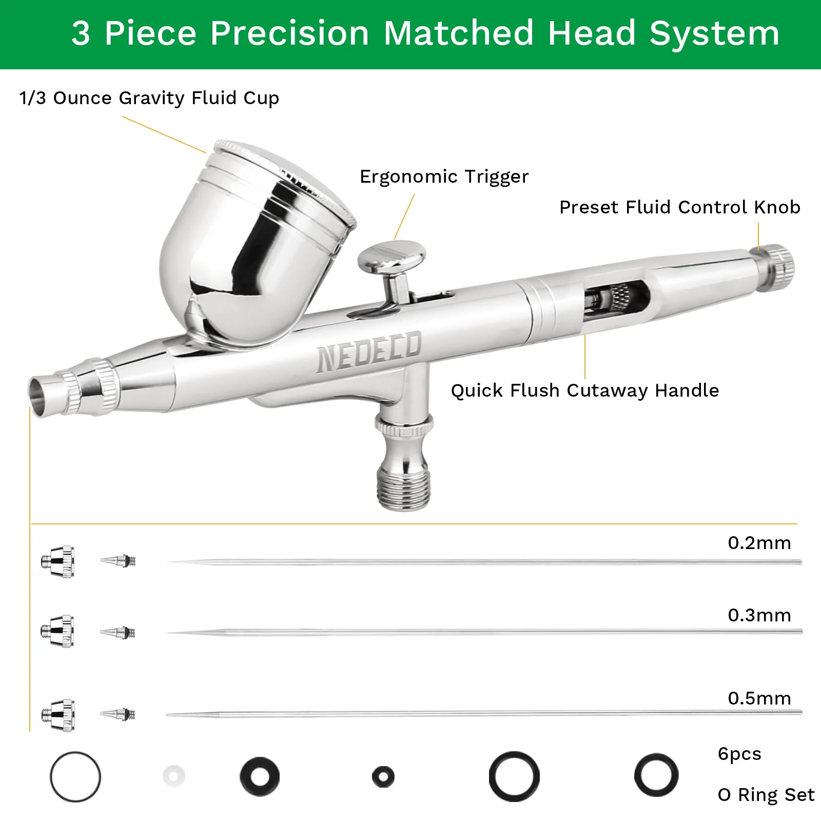 Precision Dual Action Airbrush 6ft Airbrush Hose 0.2/0.3/0.5mm Nozzles Needles for Painting Cake Decorating Model Art Tattoo