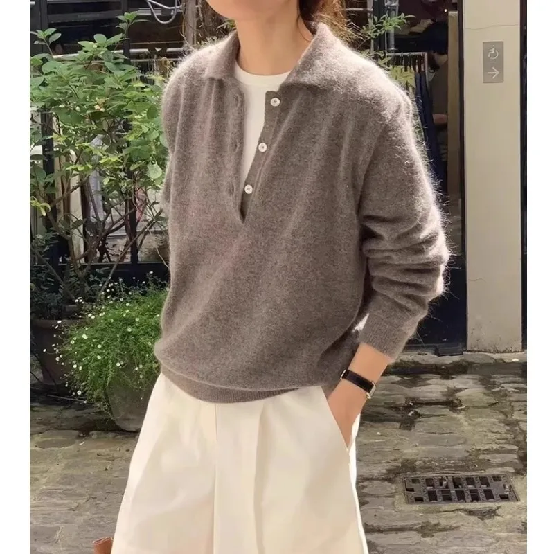 Elegant POLO lapel with buckle 100 pure cashmere sweater versatile women's autumn and winter sweater loose wool knitted base