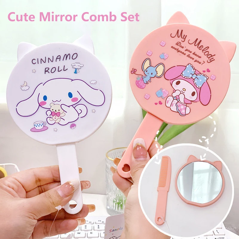 Cartoon Sanrio Hello Kitty Kuromi Melody Kawaii Mirror Comb Handheld Extracted Travel Hair Brush Massage Styling Tool