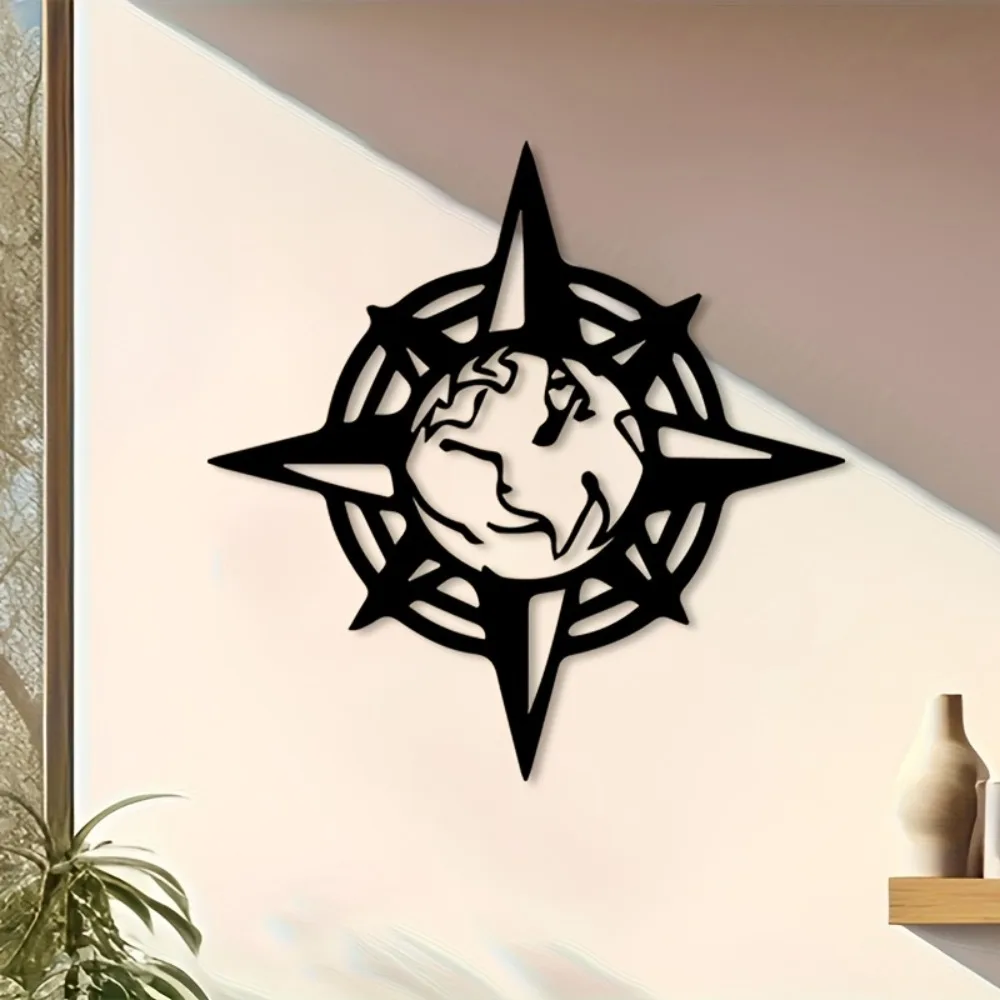 Brand 2D Flat Vintage Compass Metal Wall Art, Laser‑Cut Nautical Silhouette Hanging Ornament for Living Room Patio Garden Fence