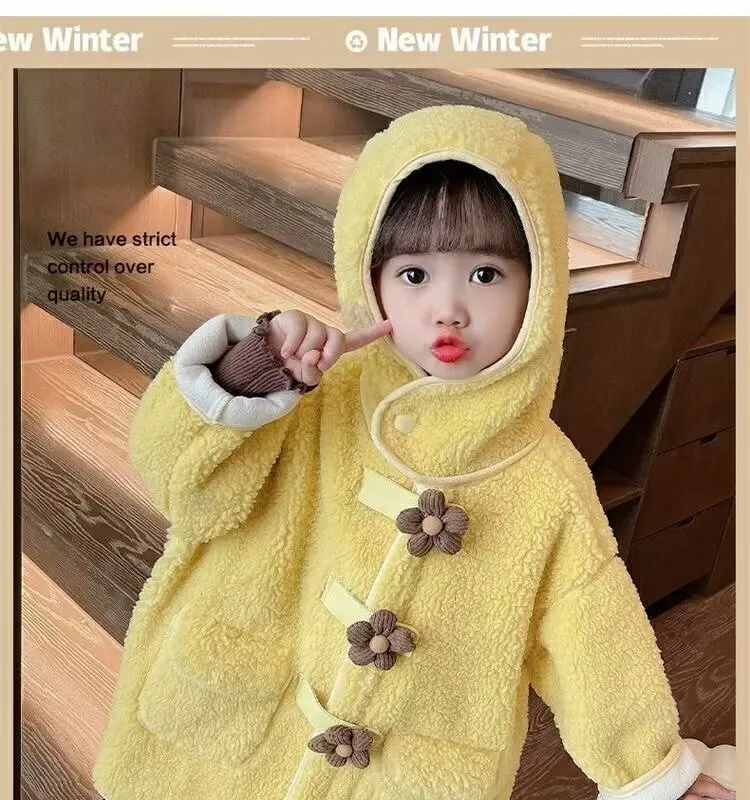 

Thicken Winter Long Sleeve Lambs OuterwearsFashion Girls Fleece Jackets Solif Fluffy Warm Fur Coat One Breasted for Kids
