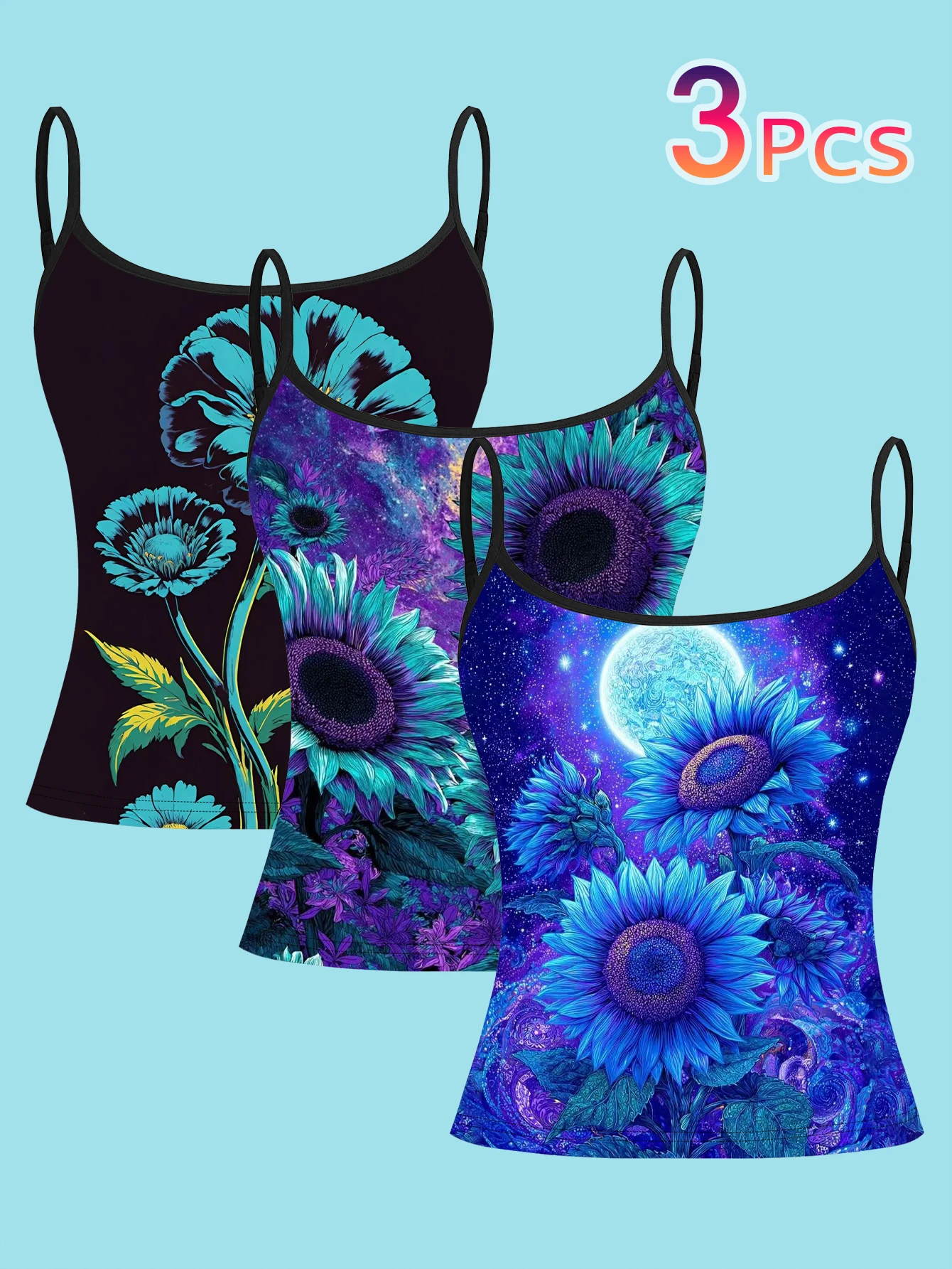 3-Piece Set of Starry Sky, Moon, and Sunflower Camisoles, Millennium-Style Slim-Fit Tank Tops for Layering or Wearing Alone