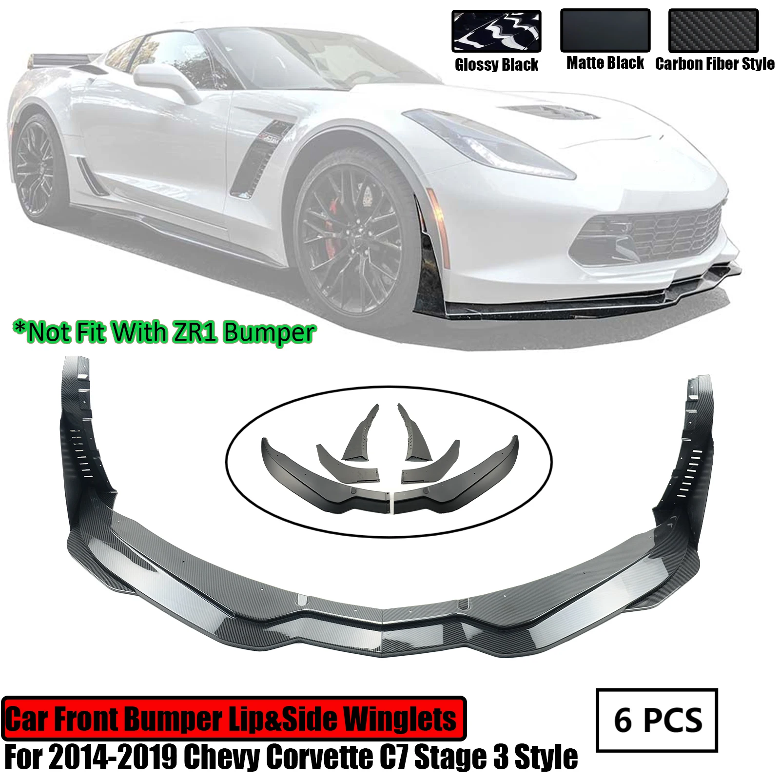 Car Front Bumper Lip&Side Winglets Stage 3 Style Spoiler Splitter Carbon Look Glossy Matte Black For 2014-2019 Chevy Corvette C7