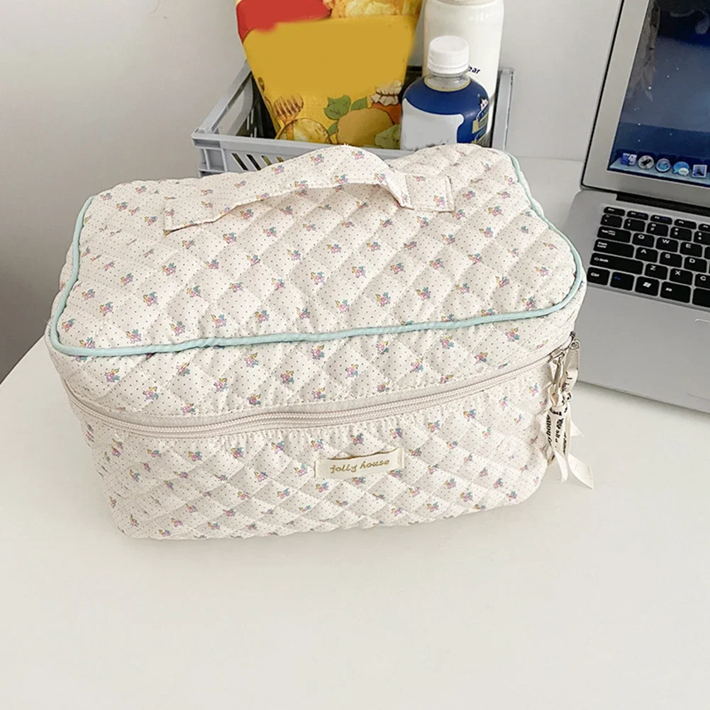 Cute Quilted Cotton Makeup Bag Women Zipper Cosmetic Organizer Female Cloth Handbag Box Shape Portable Toiletry Case For Girls