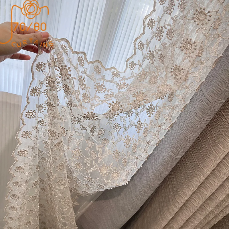 

Romantic Princess Style Embossed Cream Jacquard Curtains for Bedroom Living Room Customized Lace Embroidered Window Screen