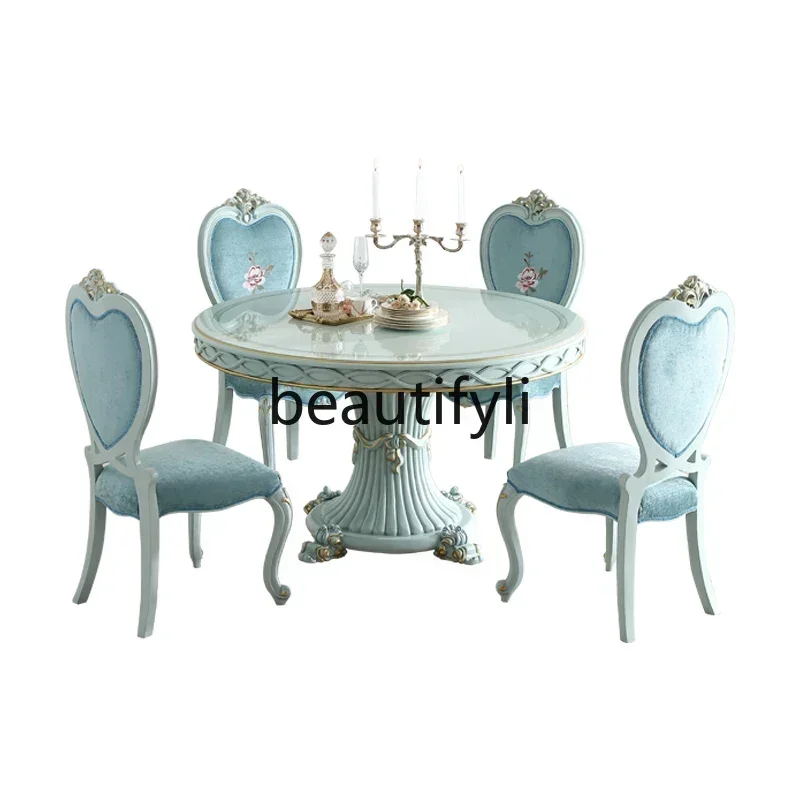 

French Pastoral 1.38M Round Dining Table And Chair Combination Small Apartment Carved Non-solid Wood Customization