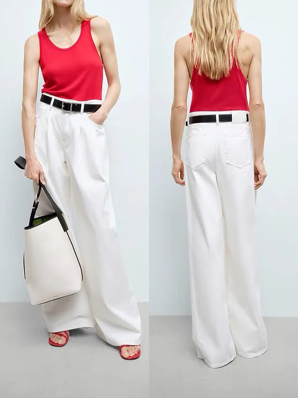 Maxdutti Minimalist Woman Clothes Mom Jeans Wide Leg Pants 100%cotton Soft And Skin Friendly Wide Leg Pleated White Denim Pants