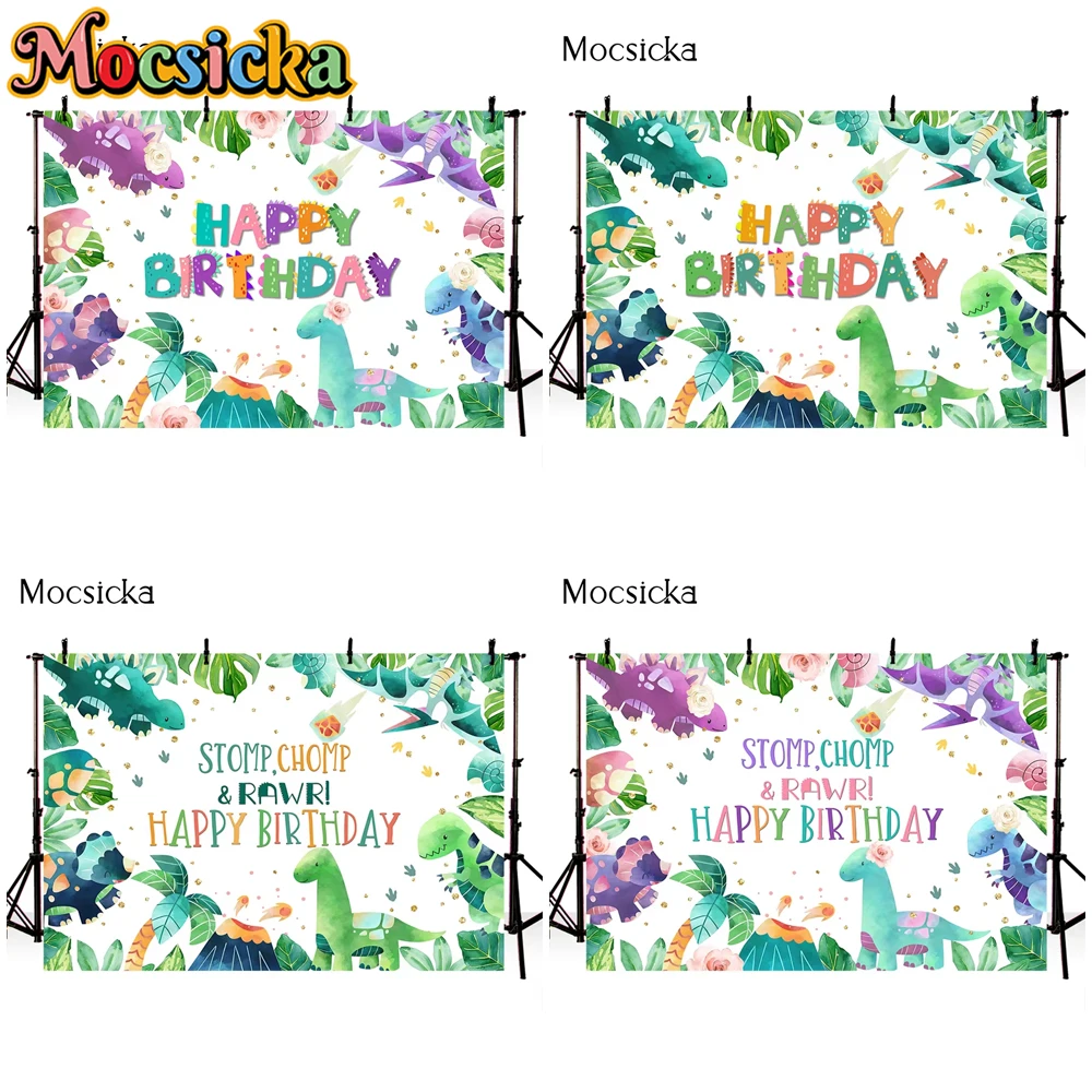

Mocsicka Happy Birthday Background Little Dinosaur Green Leaf Party Decoration Studio Props Child Portrait Photo Backdrop Banner