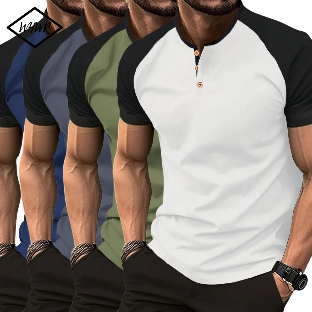 Herren Kontrastfarbe Henry Shirt T-Shirt Sommer Lässige Raglanärmel Braunes Knopfdesign Sport Kurzarm Tops Streetwear
