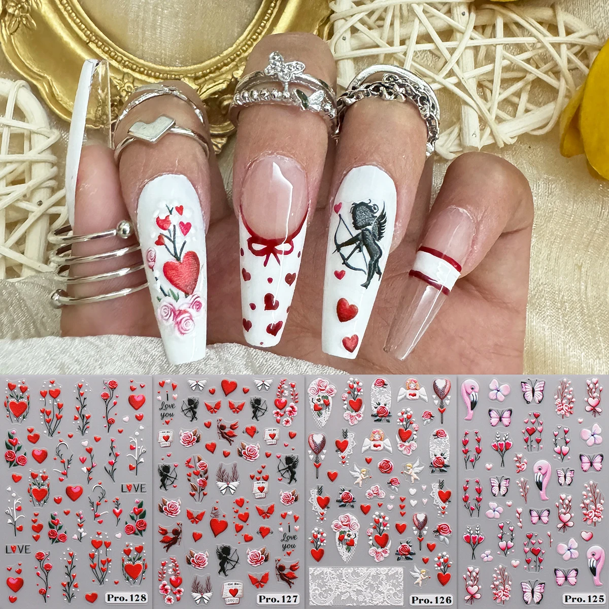 4 pièces saint valentin dessin animé amour français gaufrage Nail Art autocollants-faciles à appliquer pour la décoration des ongles, autocollants artistiques, bricolage, cadeaux,