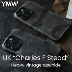 YMW Magnetic Rough Genuine Leather Case for iPhone 14 Pro Max 13 Mini Business Retro Natural Cowhide Phone Cases Back Cover