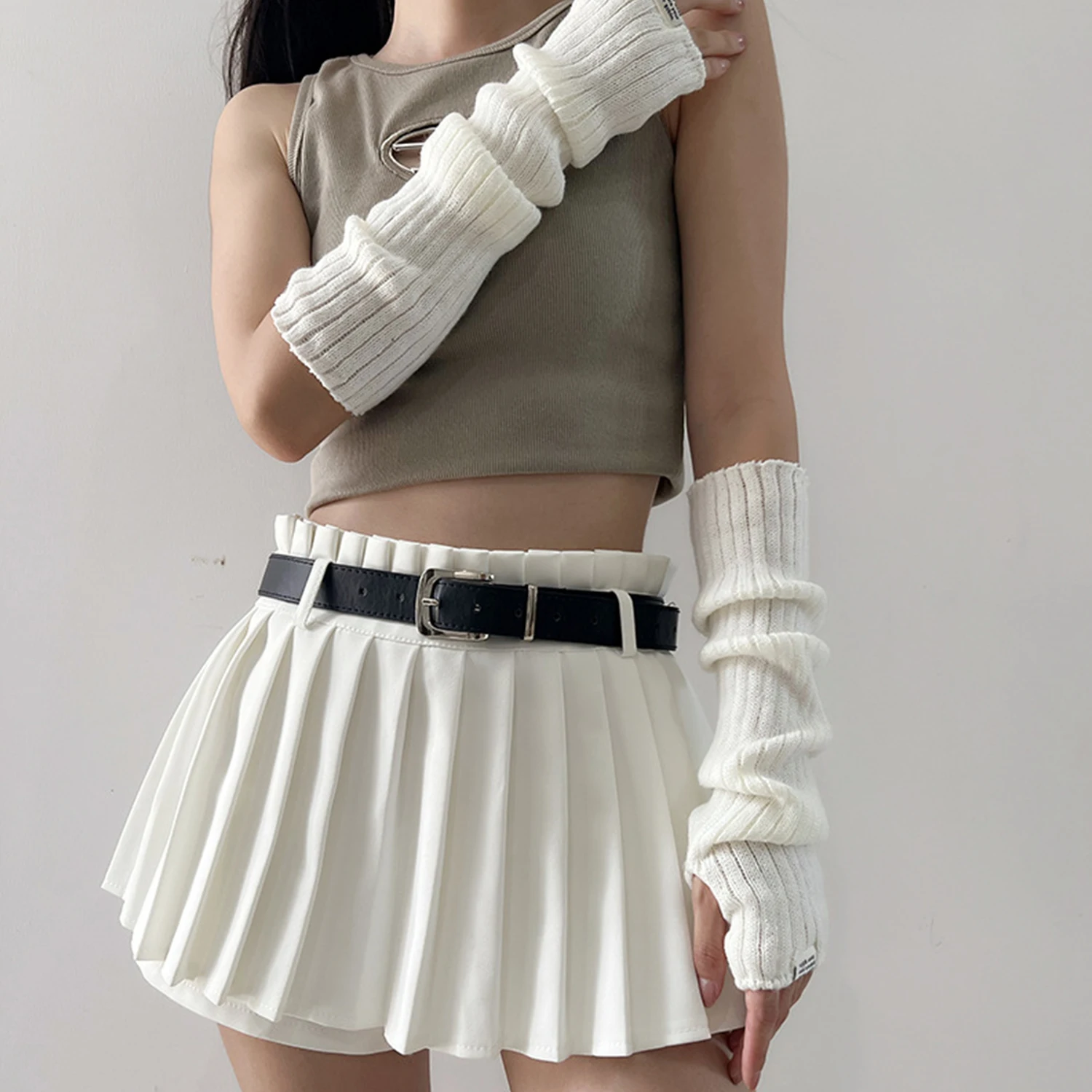 White Lolita Style Long Fingerless Gloves Women Winter Arm Warmer Knitted Arm Sleeve Casual Soft Girls Punk Gothic Mittens