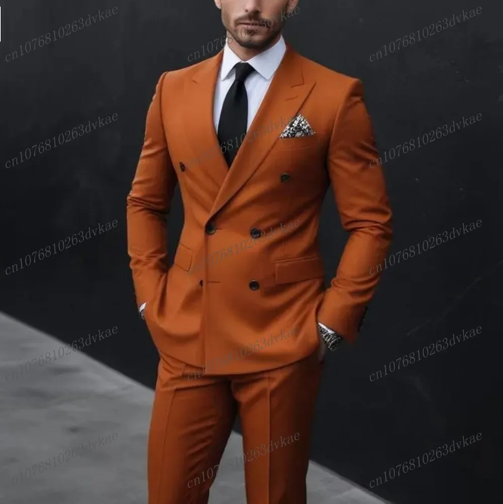 

Fashion Orange Business Men Suit Groom Groomsman Wedding Party Prom Formal Occasion Male Tuxedos 2 Piece Set Blazer Pants