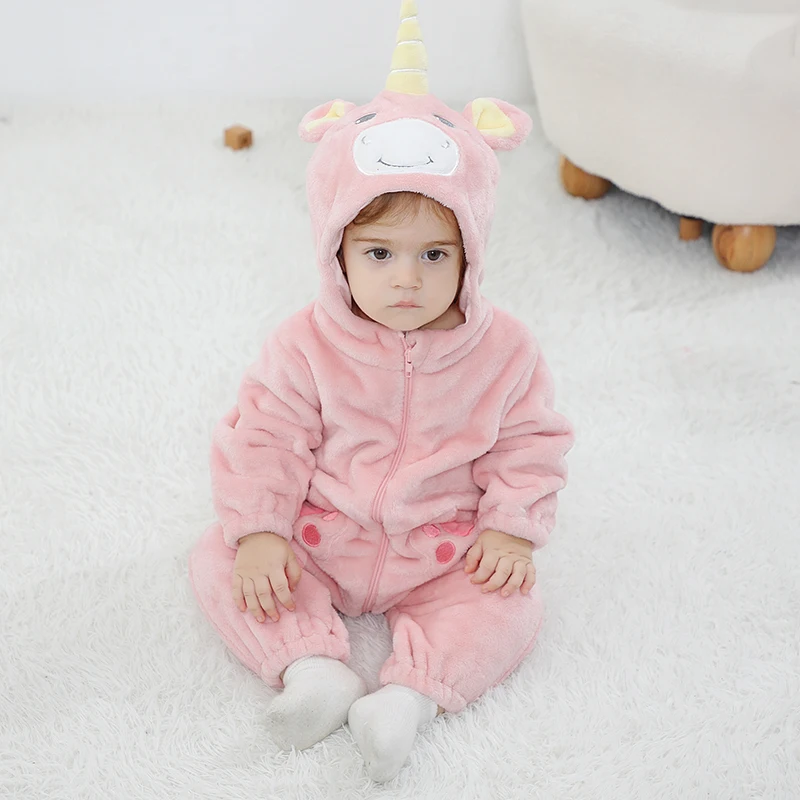 Kigurumis Unicorn Baby Girls Clothes Romper Lovely Infant Baby Onesie Bodysuit Cartoon Newborn Zipper Hooded Flannel Jumpsuits