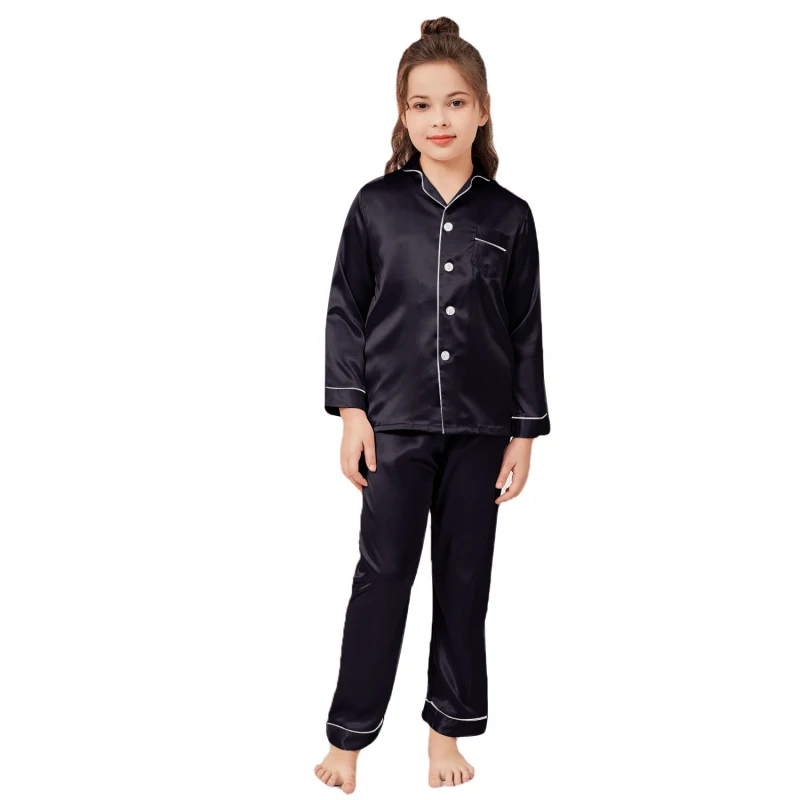 Wholesale Pajamas Little Kids Boys Girls Satin Silk Black Sleepwear Set Button-Down Satin Clothes Long Sleeve Loungewear D65
