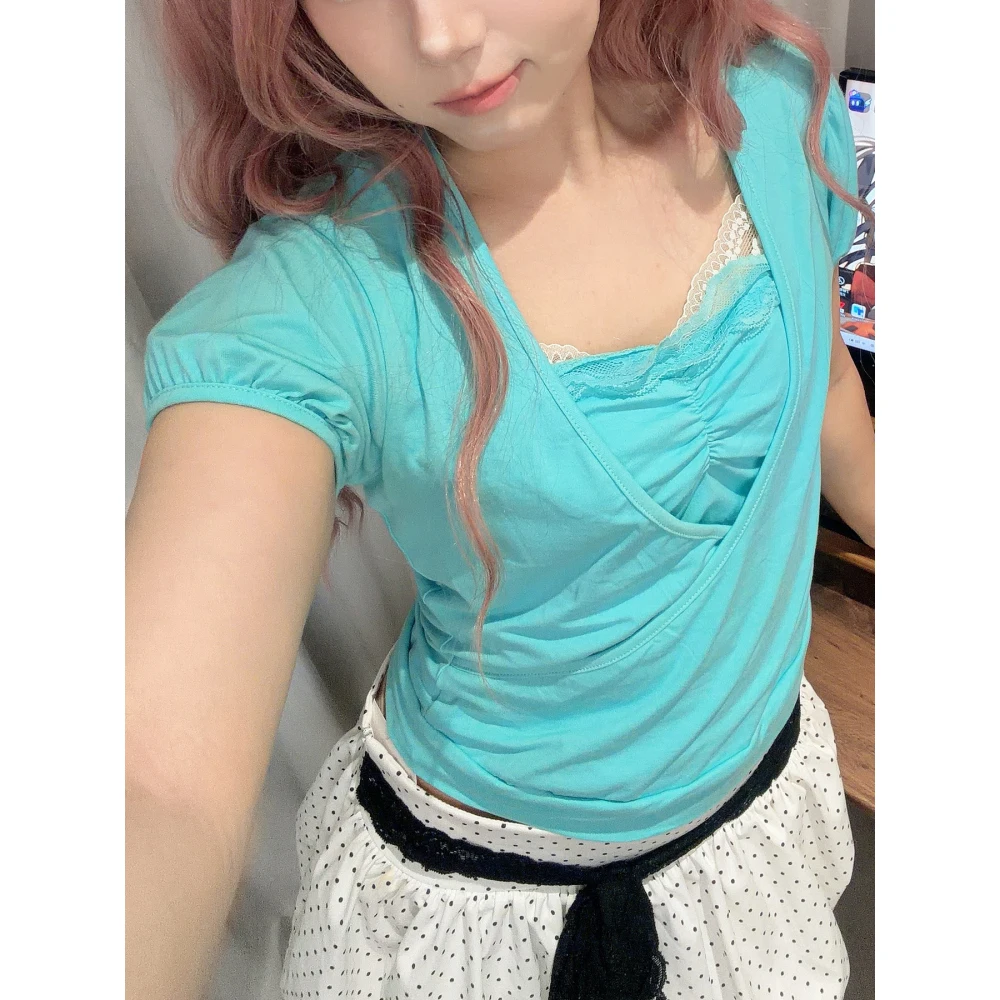 Women Y2K Spicy Girl Tee, Korean Pure Desire Square Neck Cross Wrap Bubble Sleeve Slim Waist Cropped Top