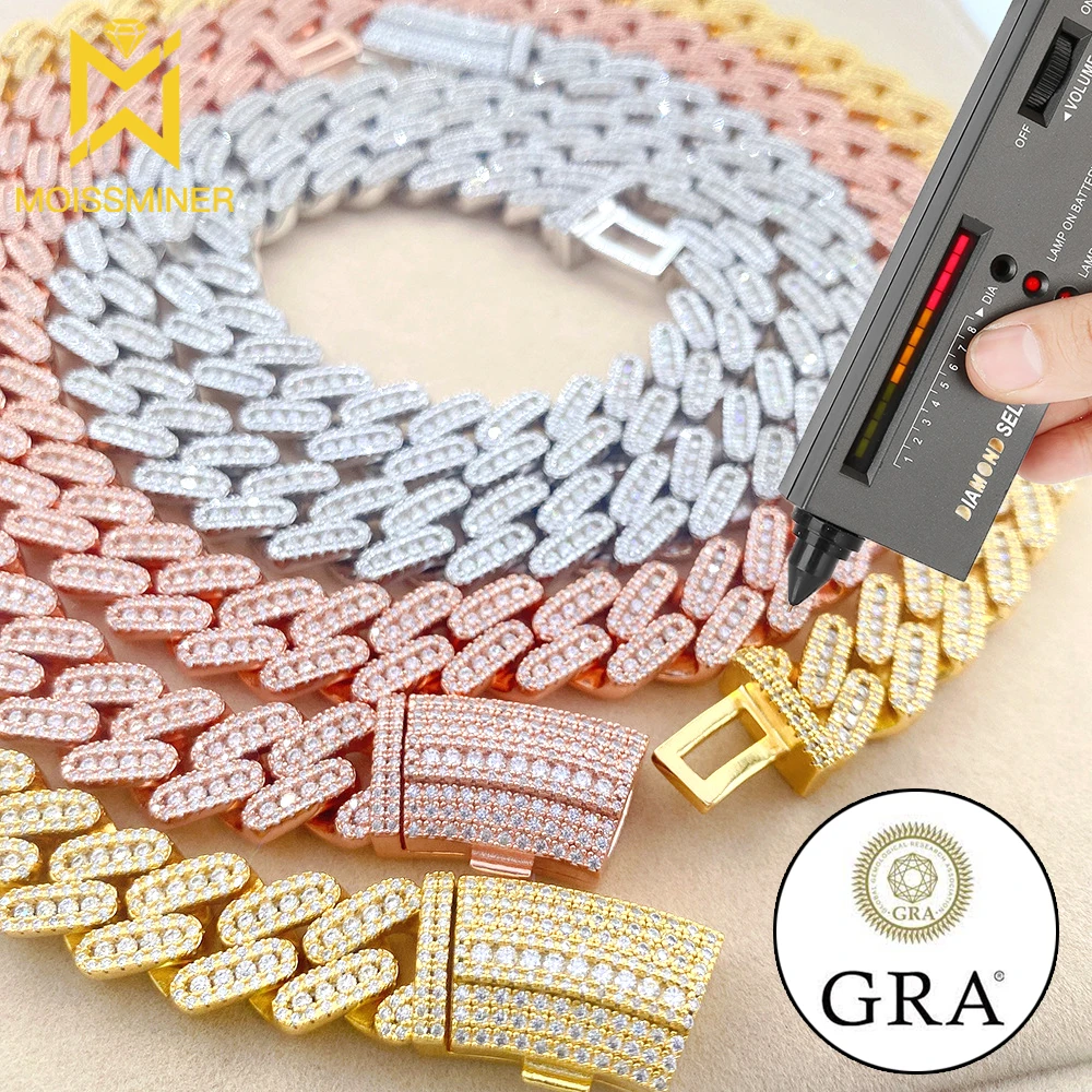 

13mm S925 Silver Moissanite Cuban Link Chain Necklaces Real Diamonds Choker for Women Men Pass Tester With GRA Free Shipping