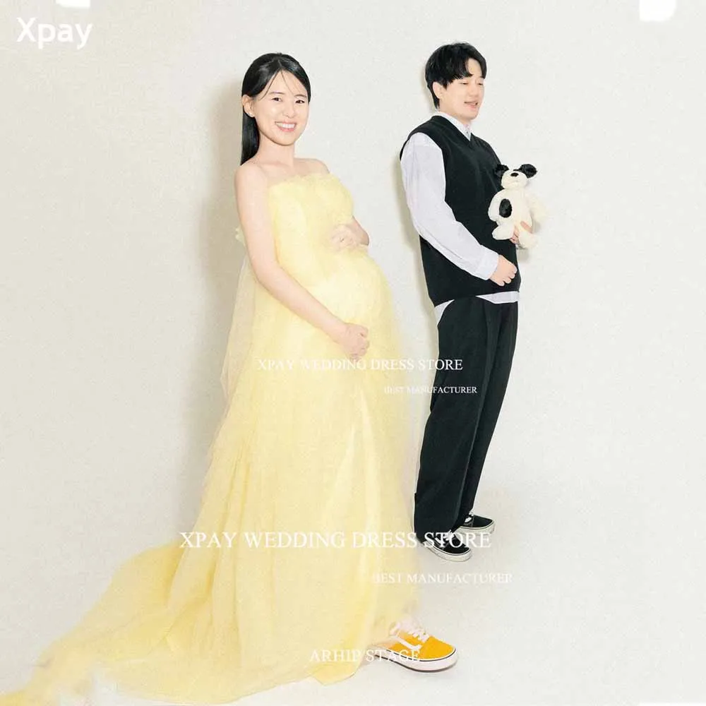 

XPAY Simple Light Yellow Korea Prom Dresses For Pregnant Tulle Strapless Floor Evening Gowns Photos Shoot Formal Party Dress