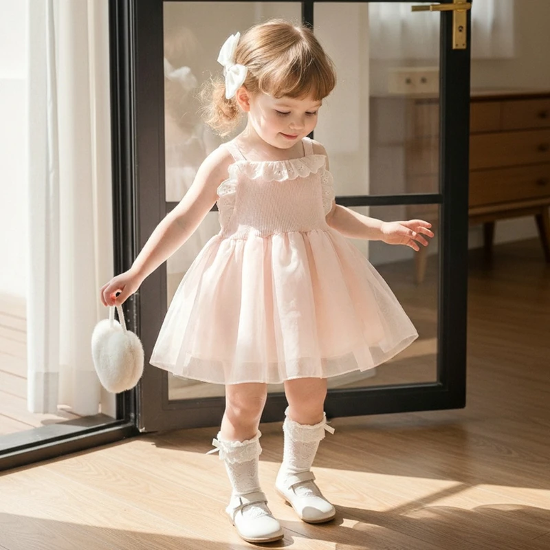 2026 New Summer Children's Hot Selling High end Sweet Splicing Lace Strap Dress