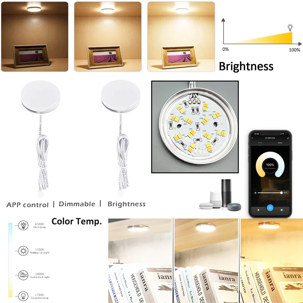 زيجبي 3.0 مصباح LED أبيض مزدوج مستدير تحت الكابين CCT لون يعتم التحكم الصوتي/التطبيق fr خزانة خزانة غرفة النوم لـ Alexa Goo