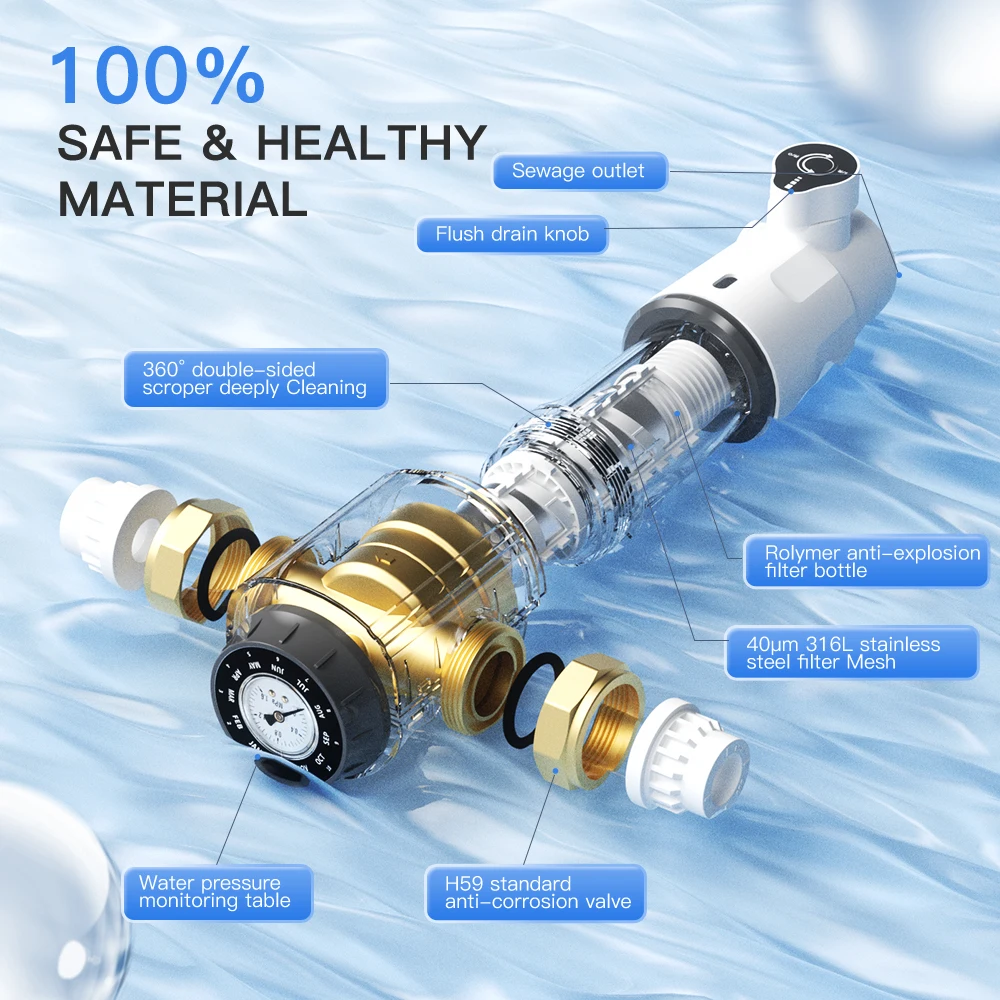Large Flow Tap Water Brass Pre Filter 40 Micron House hold Back Wash 6 Tons/Hour Rust Sediment Removal Water Purifier