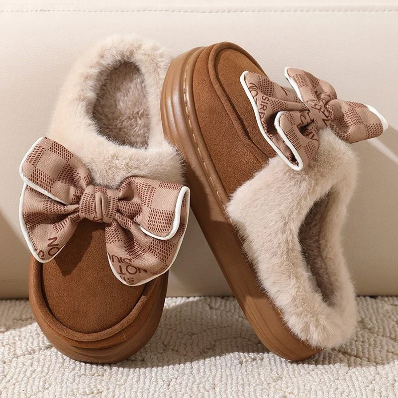 

Lovely Girls Bowtie Faux Fur House Slippers Women Winter 2025 Thick Warm Long Plush Shoes Woman Indoor Soft Sole Platform Slides