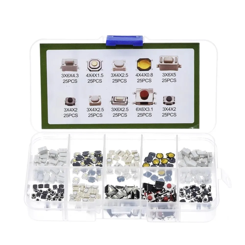250PCS tactile switches, automotive switch buttons, 10 specifications, 25 pcs of each type of patch switches, totaling 250 pcs