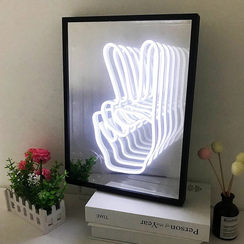 

3D Infinite LED Neon Vanity Mirror Victory Gesture Rectangle Girls Multi-layer Makeup Mirror Sign Decor Lamp Desktop with Lights