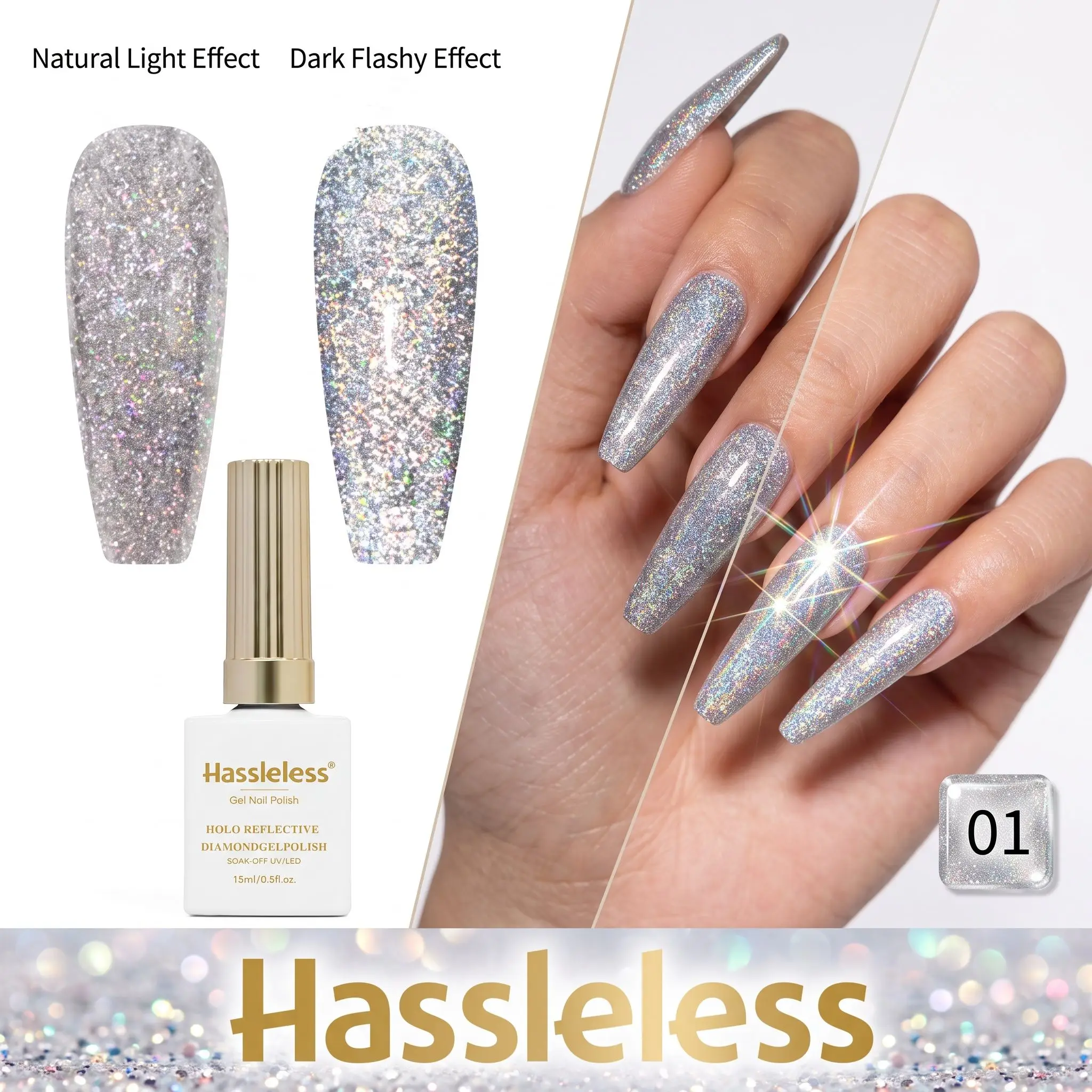 Hassleless Single Bottle Silver Glitter Nail Polish, Mixed Glitter Nail Polish, Silver Base with Multi-Sized Multi-Faceted Iridescent Glitter
