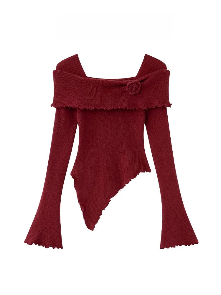 

Женский вязаный свитер на одно плечо цвета винно-красный Spicy Girl, осенне-зимний, с дизайнерским акцентом, асимметричный, с деревянными элементами, базовый топ для ношения под одеждой