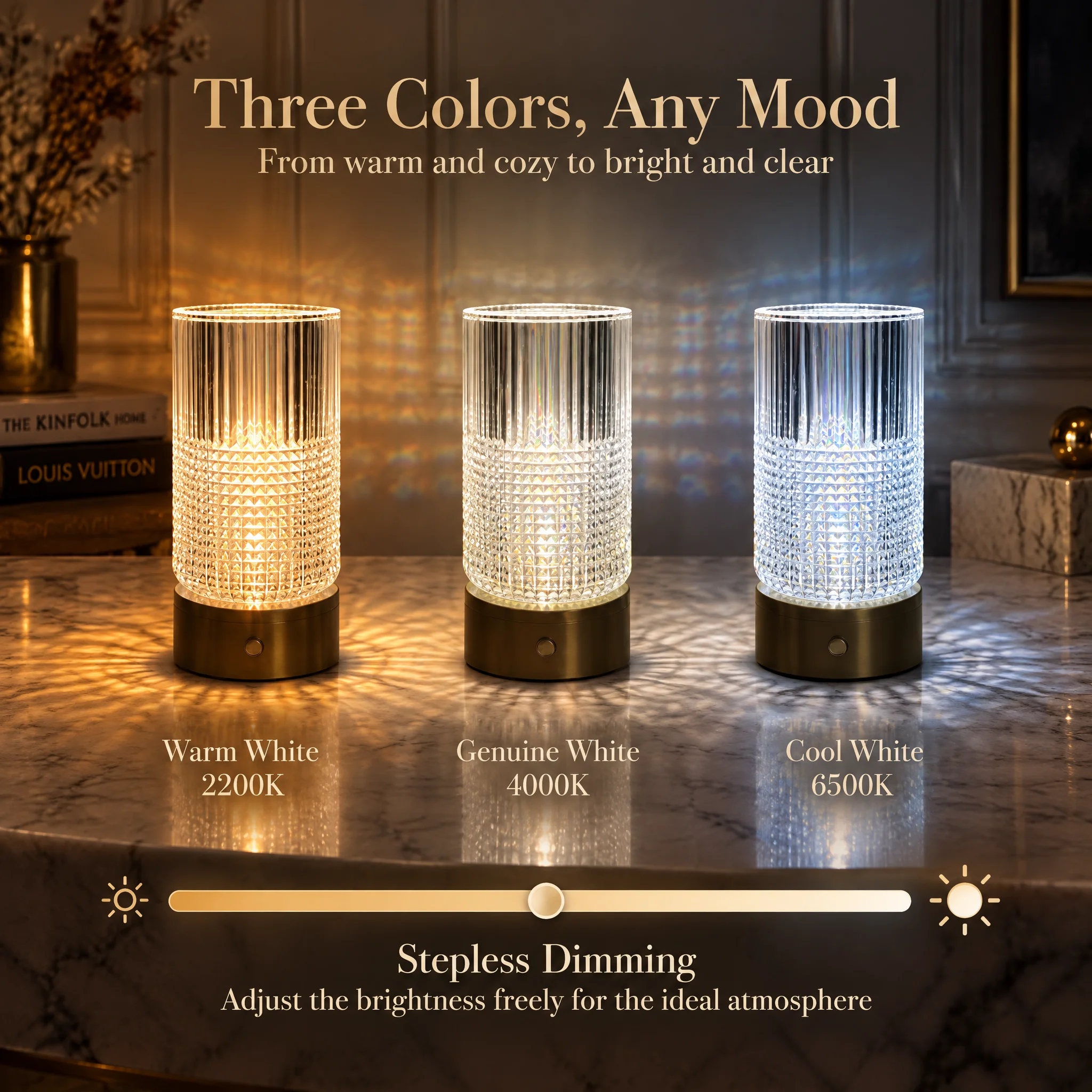 Touch Control Crystal DeskLamp,Wireless Rechargeable Dimmable LED Lamp,3Color Temperatures Ambient Light for Bedroom&DinnerTable