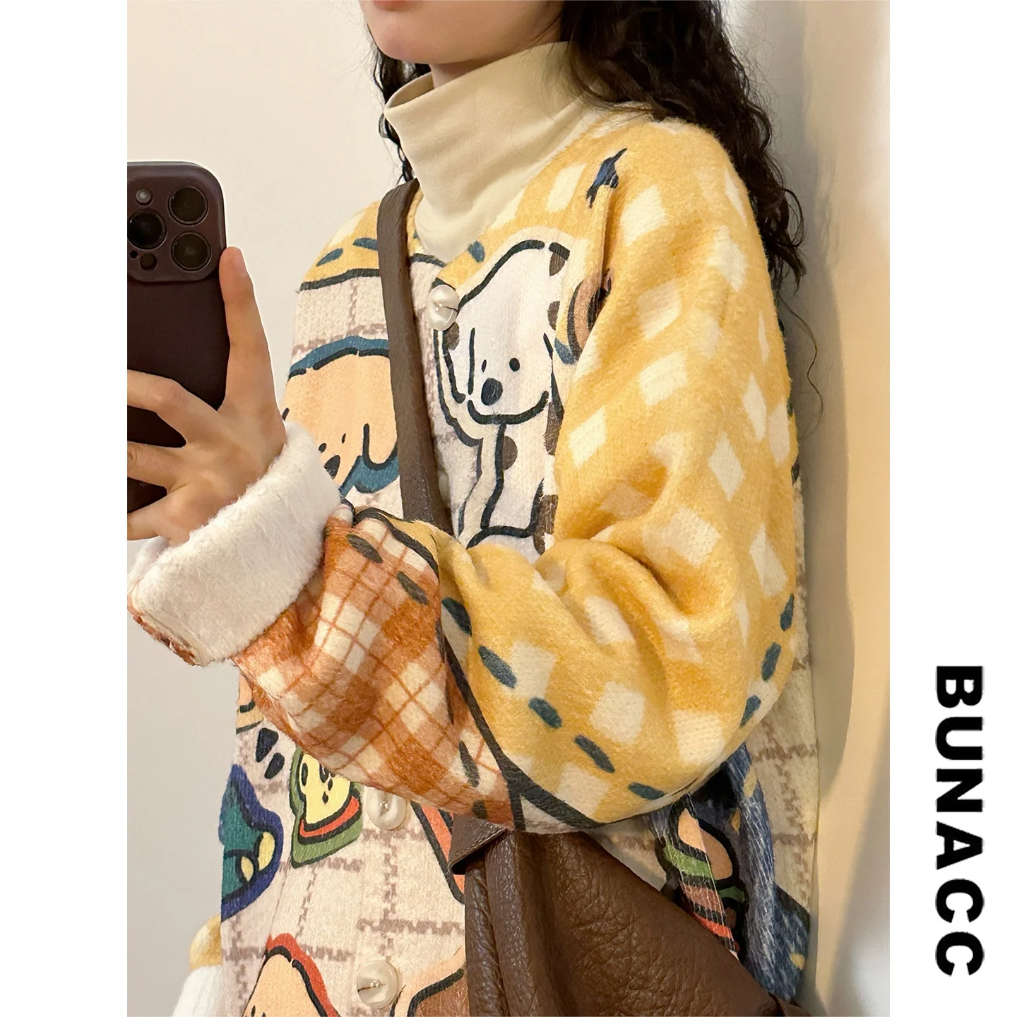 

Retro Japanese Sle Loose Fit round Ne Open Cardigan Coat for Women Color Blo Cartoon Plaid Casual Outerwear