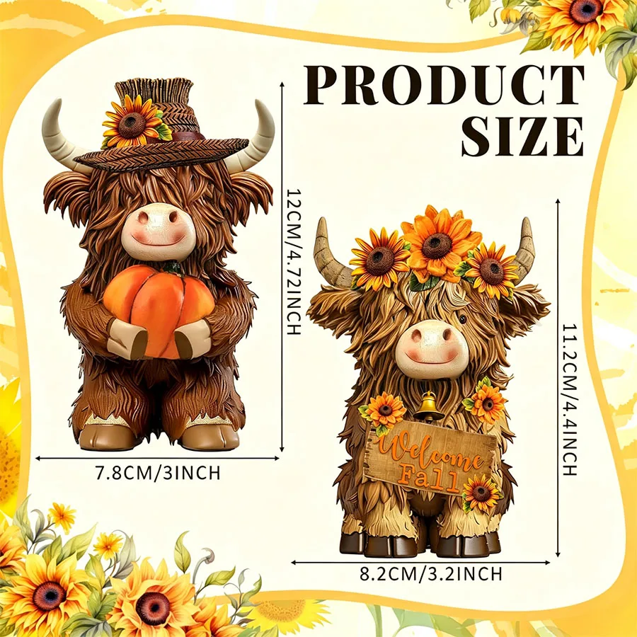 2-teiliges Set, Kürbis-Highland-Kuh-Figuren, Highland-Kuh-Tischdekorationen aus Holz mit Ahornblättern, Kürbis-Highland-Kuh-Statuen mit Schleife, geeignet für Wohnzimmer, Schlafzimmer, Kamin und Schreibtischdekoration. – Detail 8
