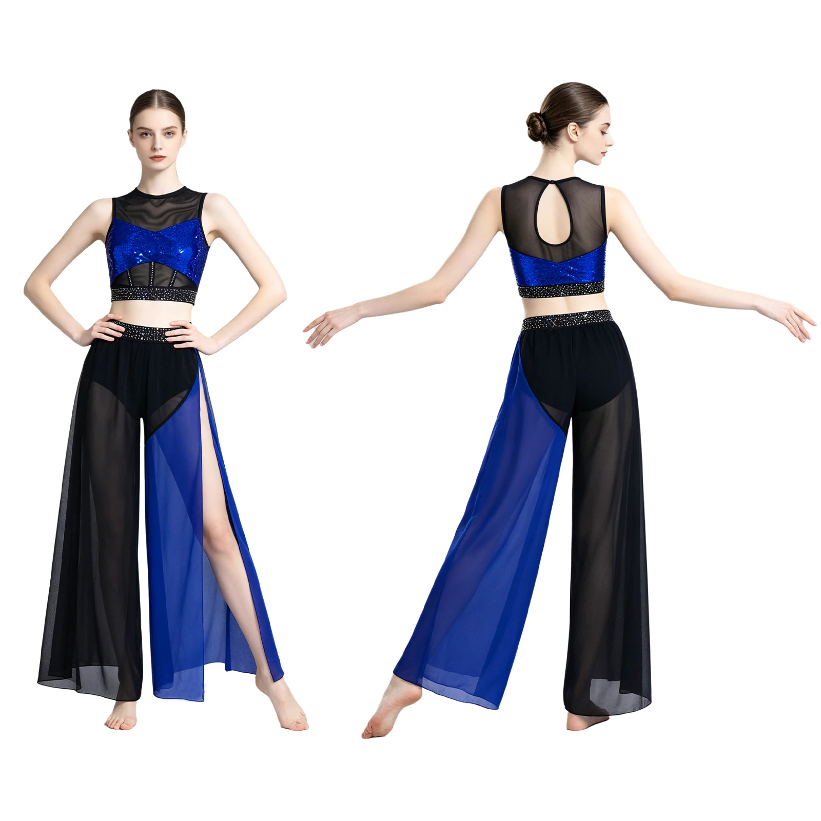 Women Modern Lyrical Dance Outfit Sequin Rhinestone Crop Top with Mesh Wide Leg Pants Skating Gymnastics Acrobatics Dancewear