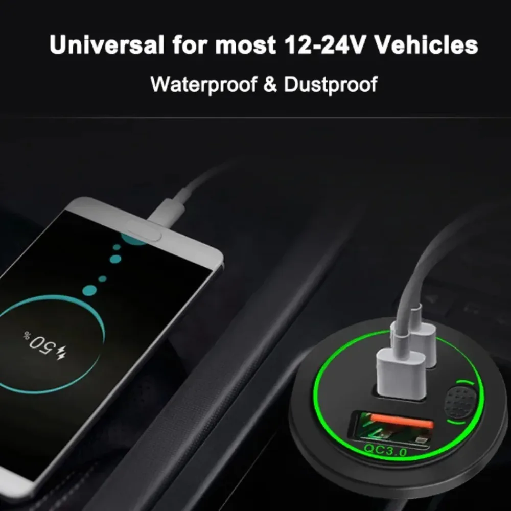 78W 12‑24V Car USB Charger Socket Dual PD USB‑C QC3.0 Fast Charging Port With Button Switch Waterproof USB Outlet For Car RV UTV