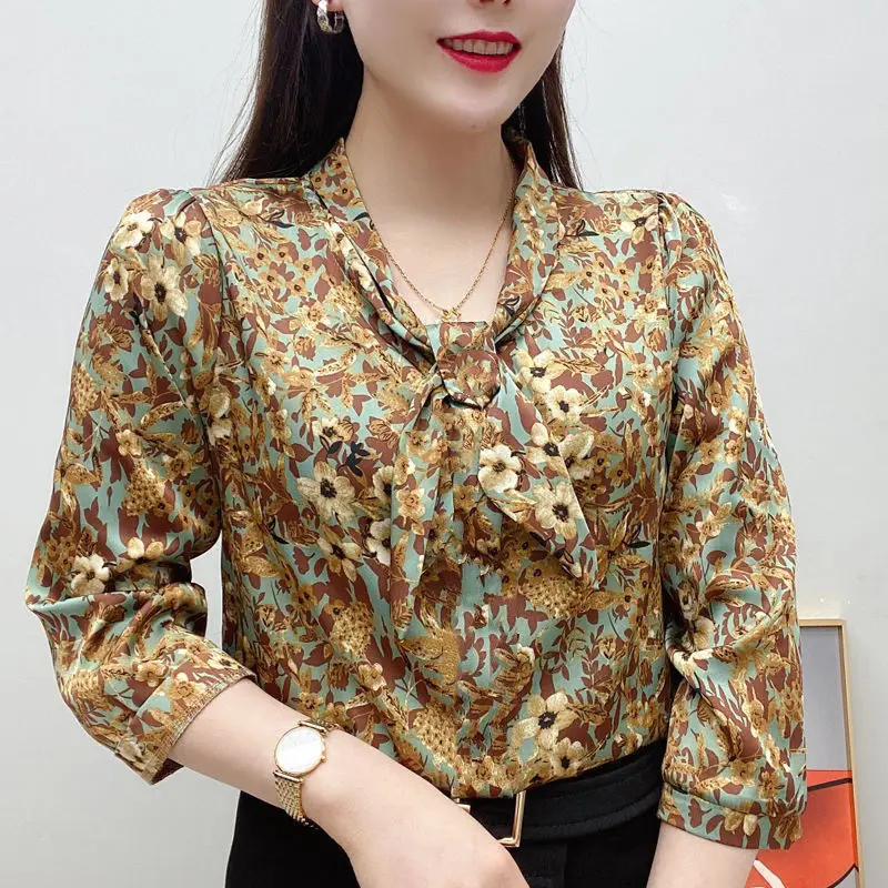 

Spring Stylish Nine Quarter Sleeve Blouse Female Clothing Vintage Floral Printed Casual All-match Scarf Collar Bow Shirt XQ169
